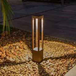 FARO BARCELONA Agra LED-gadelampe, rustbrun, aluminium/glas, højde 65 cm