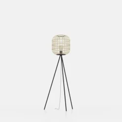 EGLO Bordesley gulvlampe, trefod, med træskærm