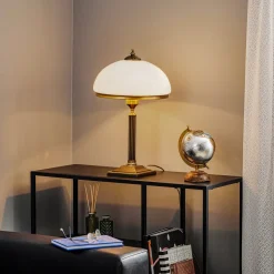 Jupiter Bordlampe Petro, glas, antik messingfarve, højde 50 cm