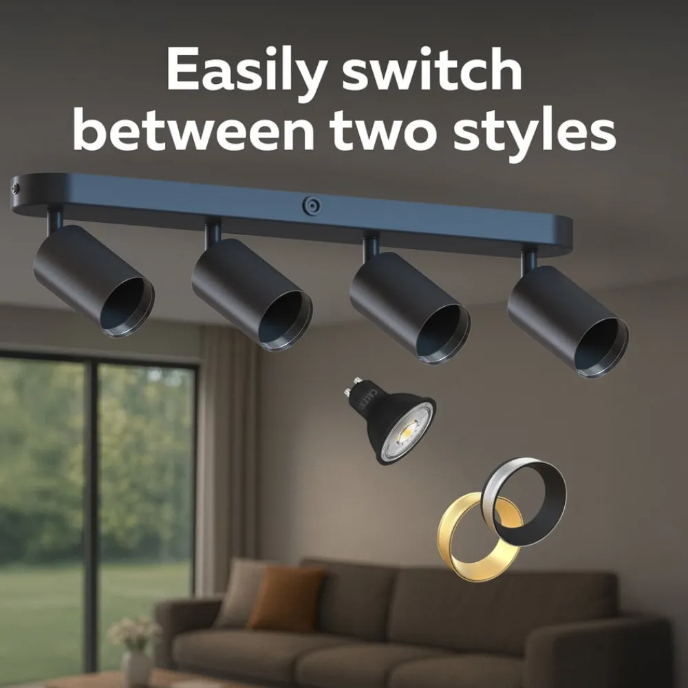 Calex Spotlights>GU10 loftspot, sort, længde 49 cm, 4 lyskilder, metal