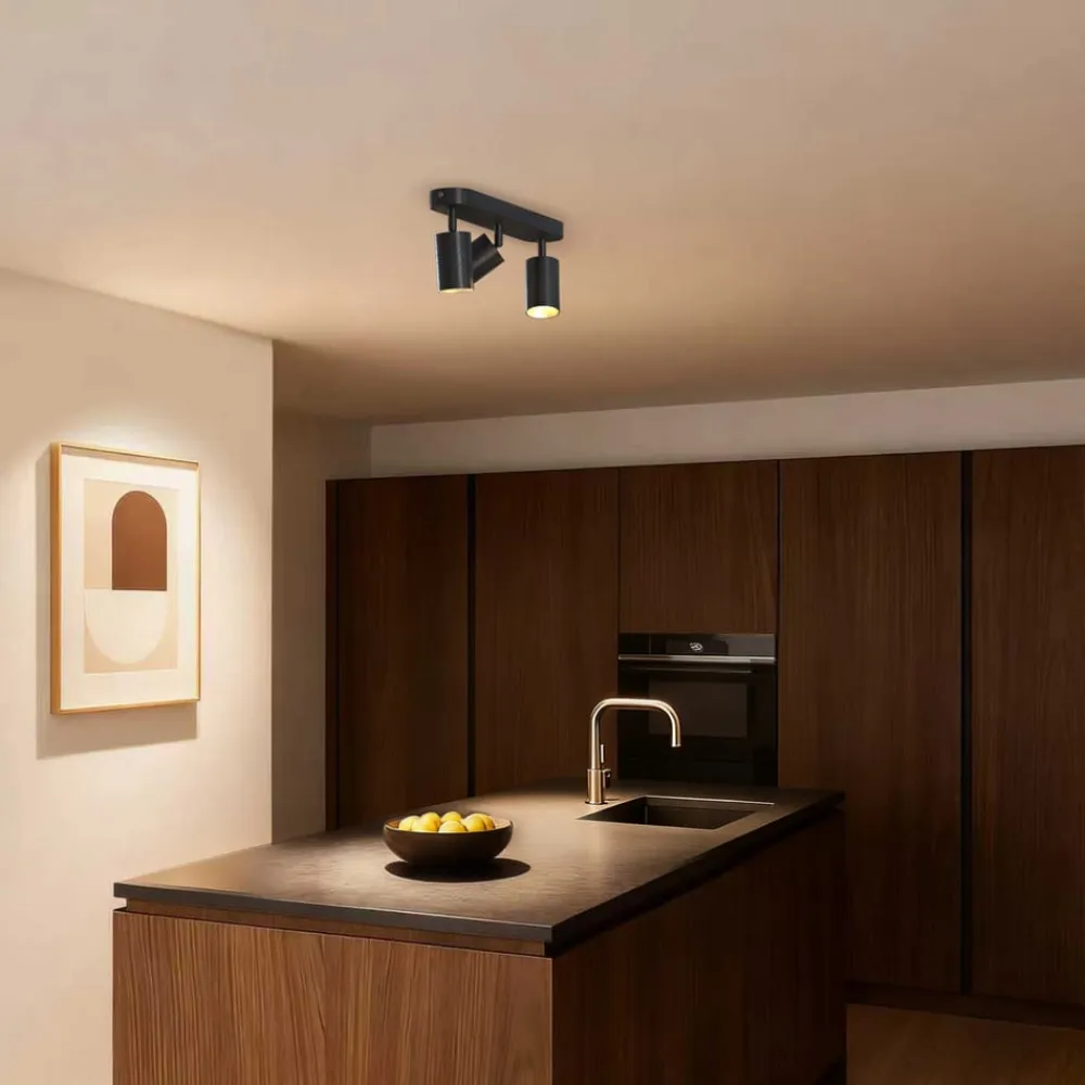 Calex GU10 loftspot, sort, længde 37 cm, 3 lyskilder, metal