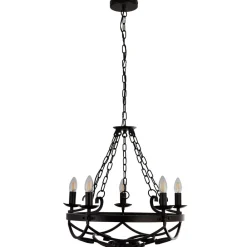 Searchlight Cartwheel III lysekrone, 5 lyskilder, Ø 54 cm, sort, metal