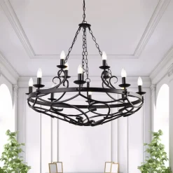 Searchlight Cartwheel III lysekrone, 12 lyskilder, Ø 89 cm, sort, metal