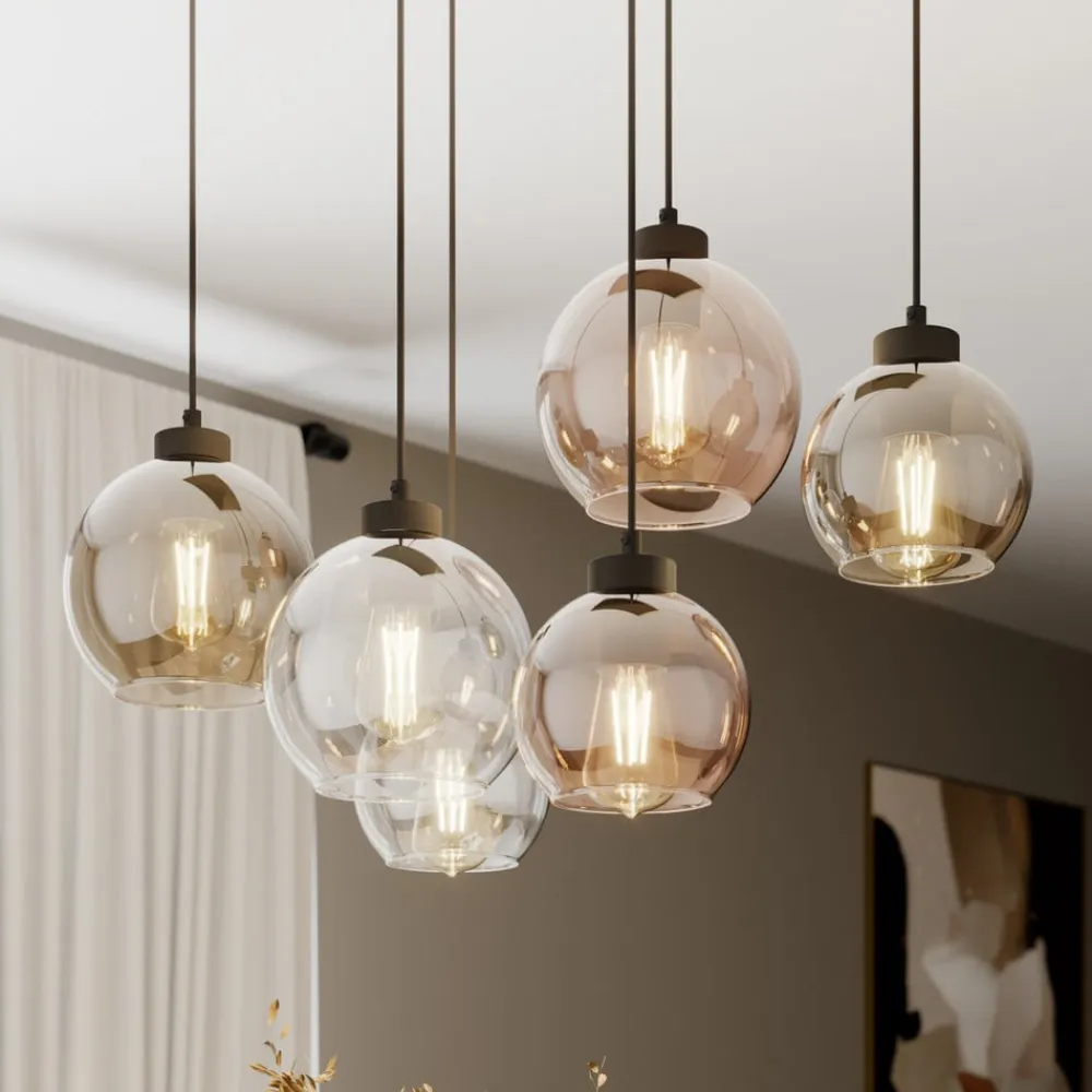 TK Lighting Cubus hængelampe, 74 cm, 6 lyskilder, klar/honning/brun, glas