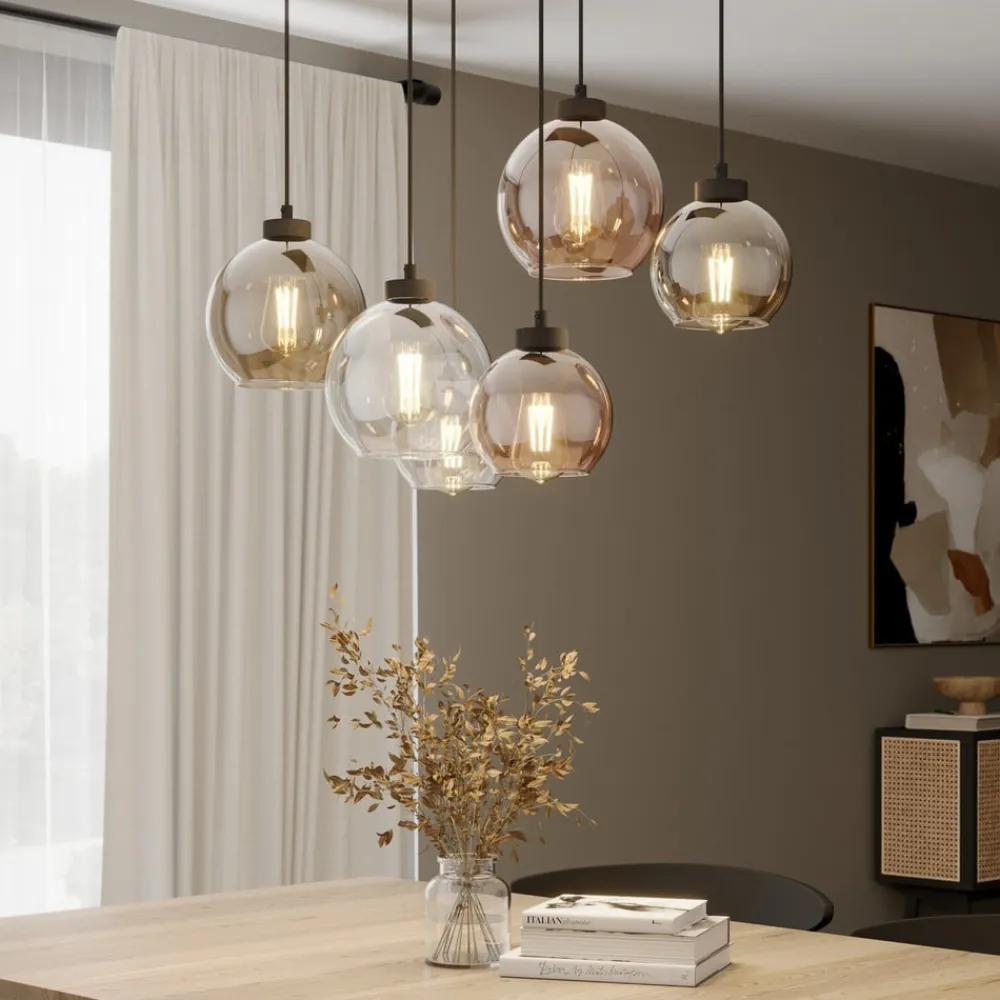 TK Lighting Cubus hængelampe, 74 cm, 6 lyskilder, klar/honning/brun, glas