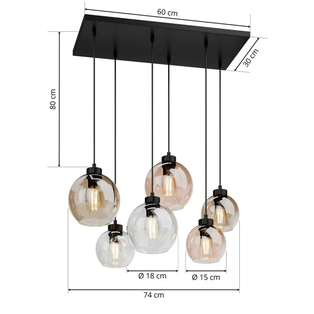 TK Lighting Cubus hængelampe, 74 cm, 6 lyskilder, klar/honning/brun, glas
