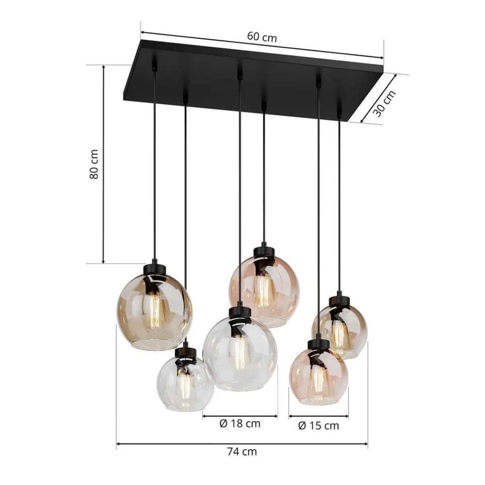 TK Lighting Cubus hængelampe, 74 cm, 6 lyskilder, klar/honning/brun, glas