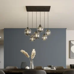 Cubus hængelampe, røggrå, glas, 74 cm lang, 6 lyskilder^TK Lighting