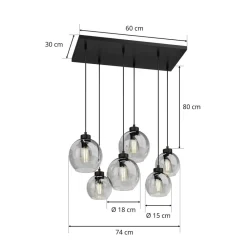 Cubus hængelampe, røggrå, glas, 74 cm lang, 6 lyskilder^TK Lighting