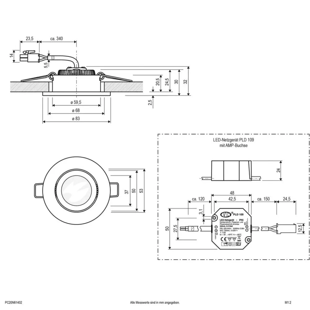 PC20 indbygningslampe, fasedæmper 3.000 K alu^EVN Online
