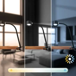 Genopladelig klemmelampe Tari, sort, CCT, touchdæmper, USB^Briloner Discount