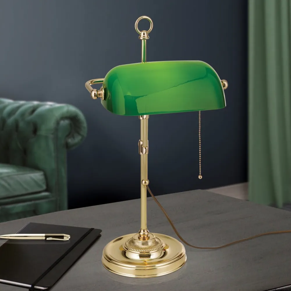 ORION Harvard banklampe med trækafbryder, messing/grøn
