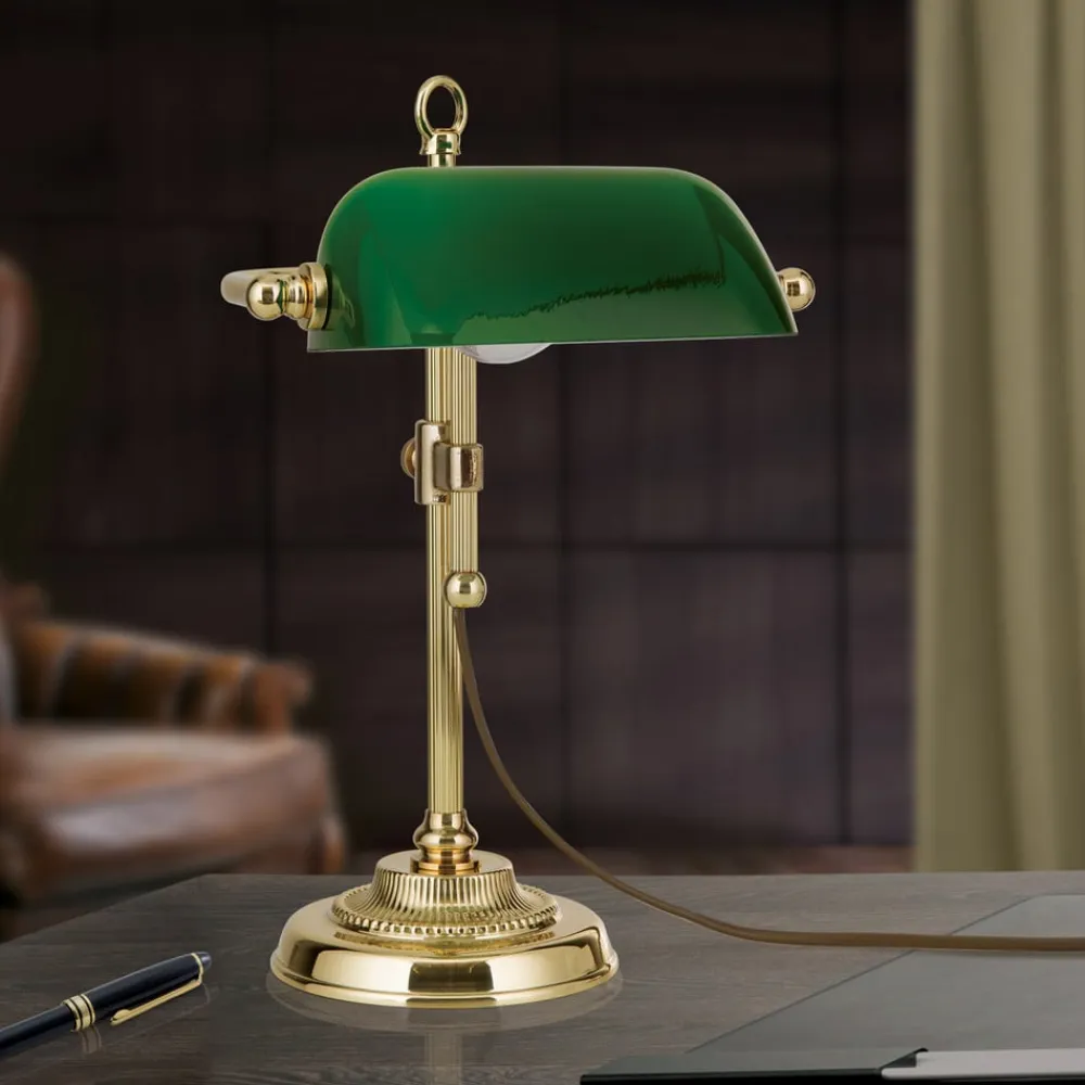 ORION Arbejdsrum/Kontor|Bordlamper>Harvard banklampe, messing/grøn, højde 32 cm