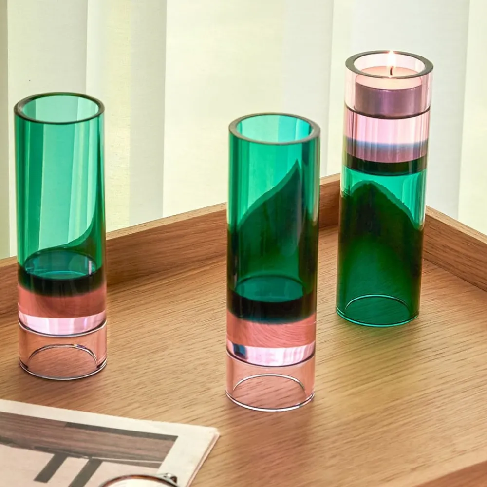 Astro fyrfadsstage, grøn/pink, krystalglas, 15 cm^Hübsch