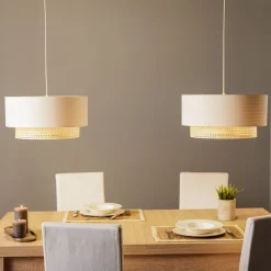 Duolla Pendellamper>Hængelampe Boho, 2 lyskilder, tekstil, creme-hvid/rattan