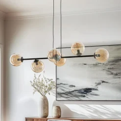 EMIBIG LIGHTING Hængelampe Glassy, 6 lyskilder, sort, ravfarvet, glas, 110 cm