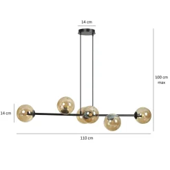 EMIBIG LIGHTING Hængelampe Glassy, 6 lyskilder, sort, ravfarvet, glas, 110 cm