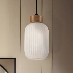 Hængelampe Harmony, Ø 14 cm, hvid/eg, glas/træ^Lamkur Best