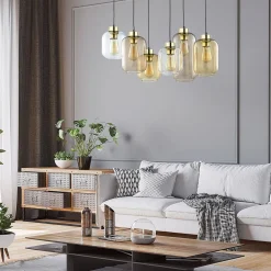 TK Lighting Hængelampe Marco Brown, 6 lyskilder, klar/brun