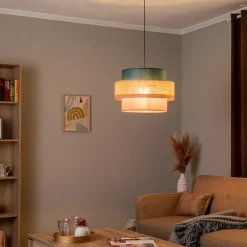 TK Lighting Pendellamper>Hængelampe Trio, juteskærm, petrol/naturbrun/orange Ø 50cm
