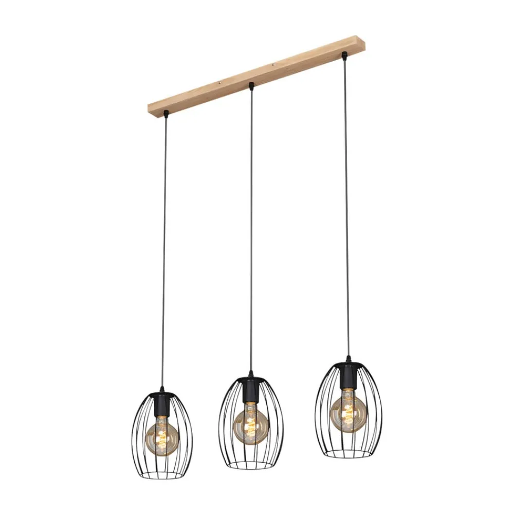 Briloner Pendellamper>Hængelampe Waktu Vintage, sort/træ, 3 lyskilder