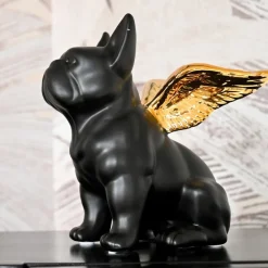 KARE dekorativ figur Siddende engel hund, sort/guld, stentøj