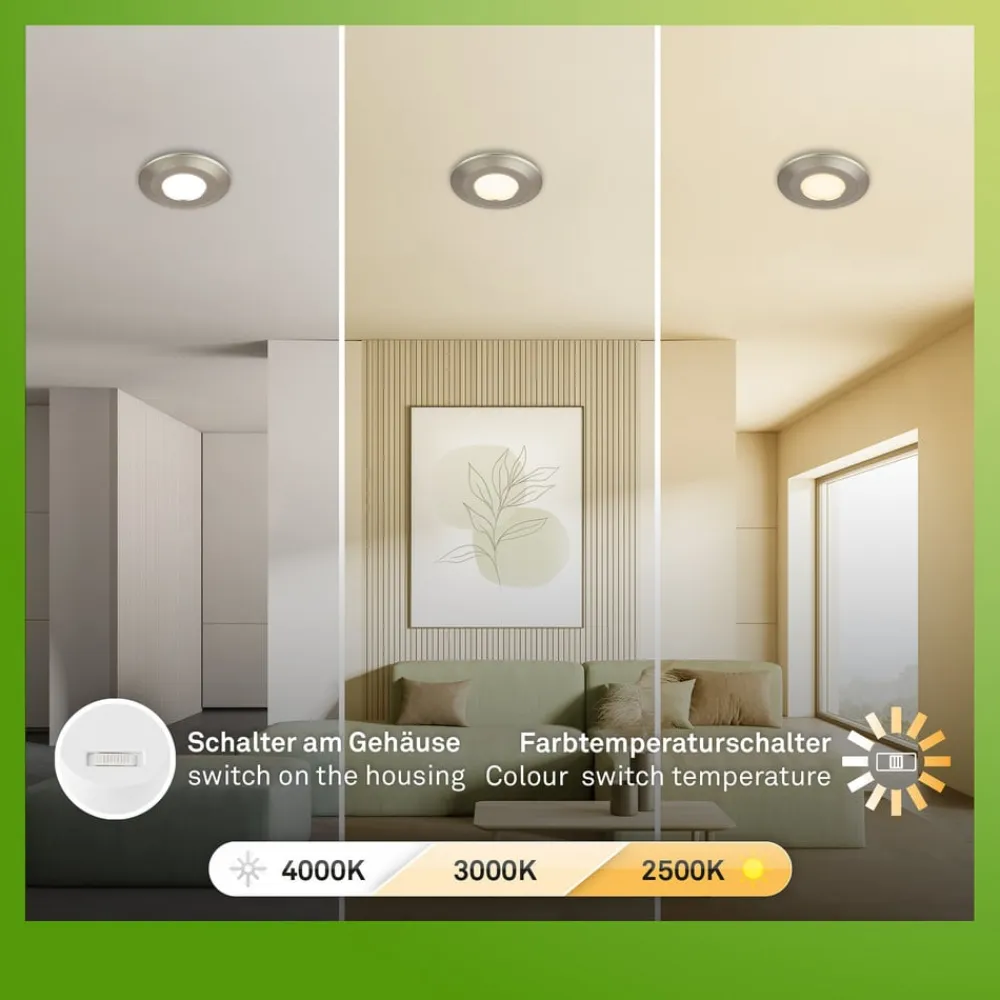 Briloner Klira indbygningslampe, mat nikkel, Ø9cm, IP44, dæmpbar, 3 stk