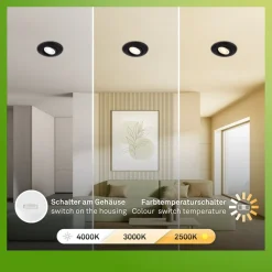 Briloner Klira indbygningslampe, sort, Ø 9 cm, drejelig, 3 stk