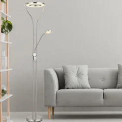 Globo LED-gulvlampe Ebro, højde 194 cm, nikkelfarvet, 2-lys.