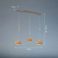 FISCHER & HONSEL LED-hængelampe Shine-Wood, eg/nikkel, længde 100 cm 3 lyskilder.