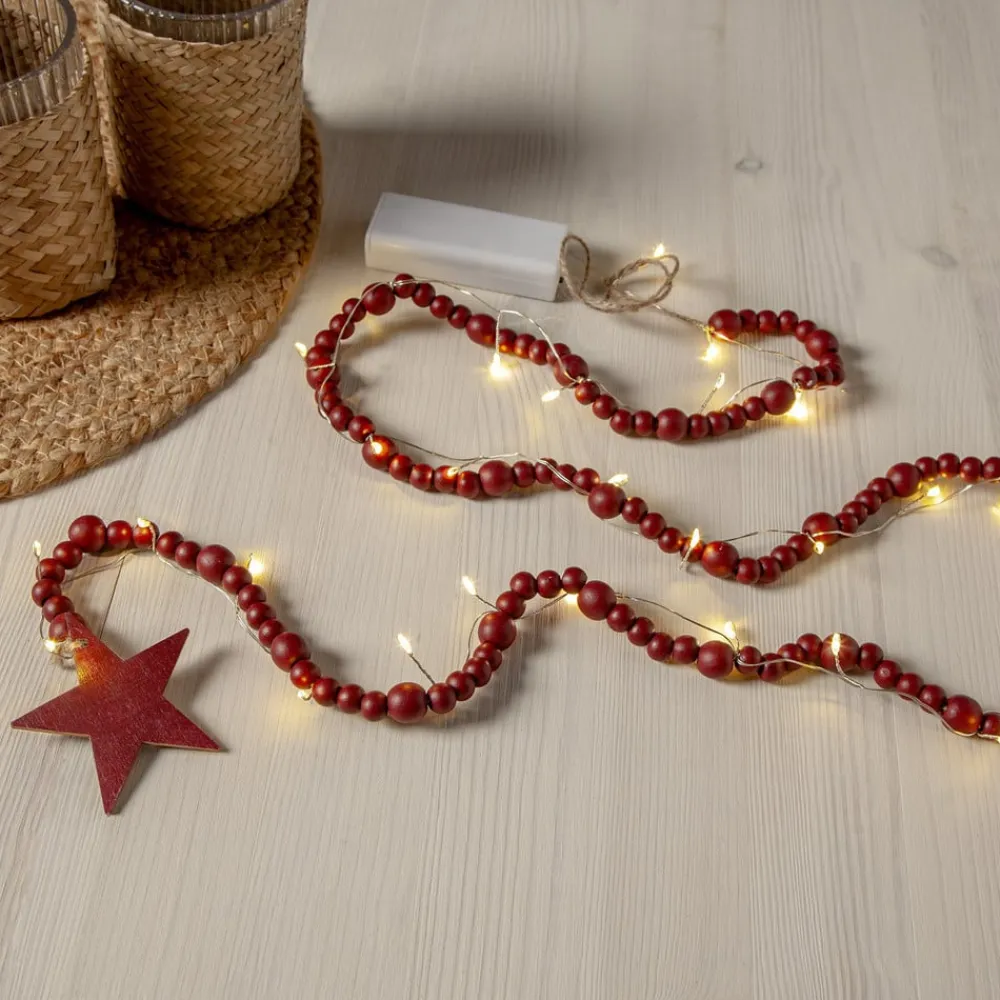 STAR TRADING Dekorationsbelysning|Julepynt>LED-lyskæder Beady, rød, træperler, 150 cm, batteri