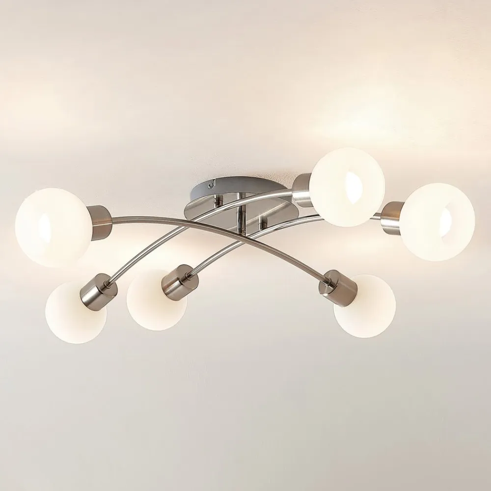 Lindby Agmar loftlampe, nikkelfarvet, glas, 6 lyskilder, E14