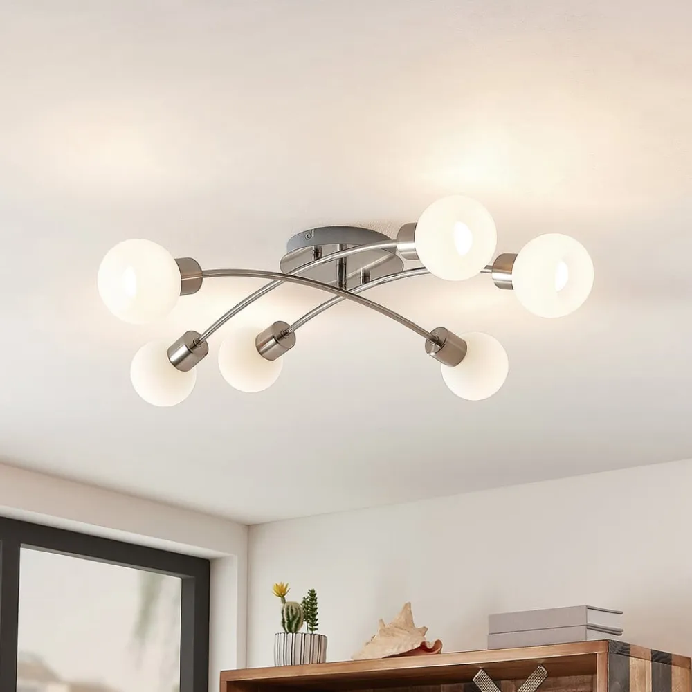 Lindby Agmar loftlampe, nikkelfarvet, glas, 6 lyskilder, E14