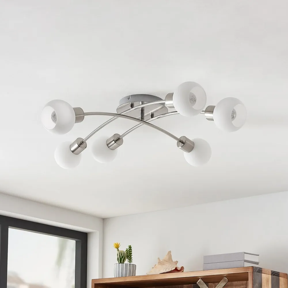 Lindby Agmar loftlampe, nikkelfarvet, glas, 6 lyskilder, E14