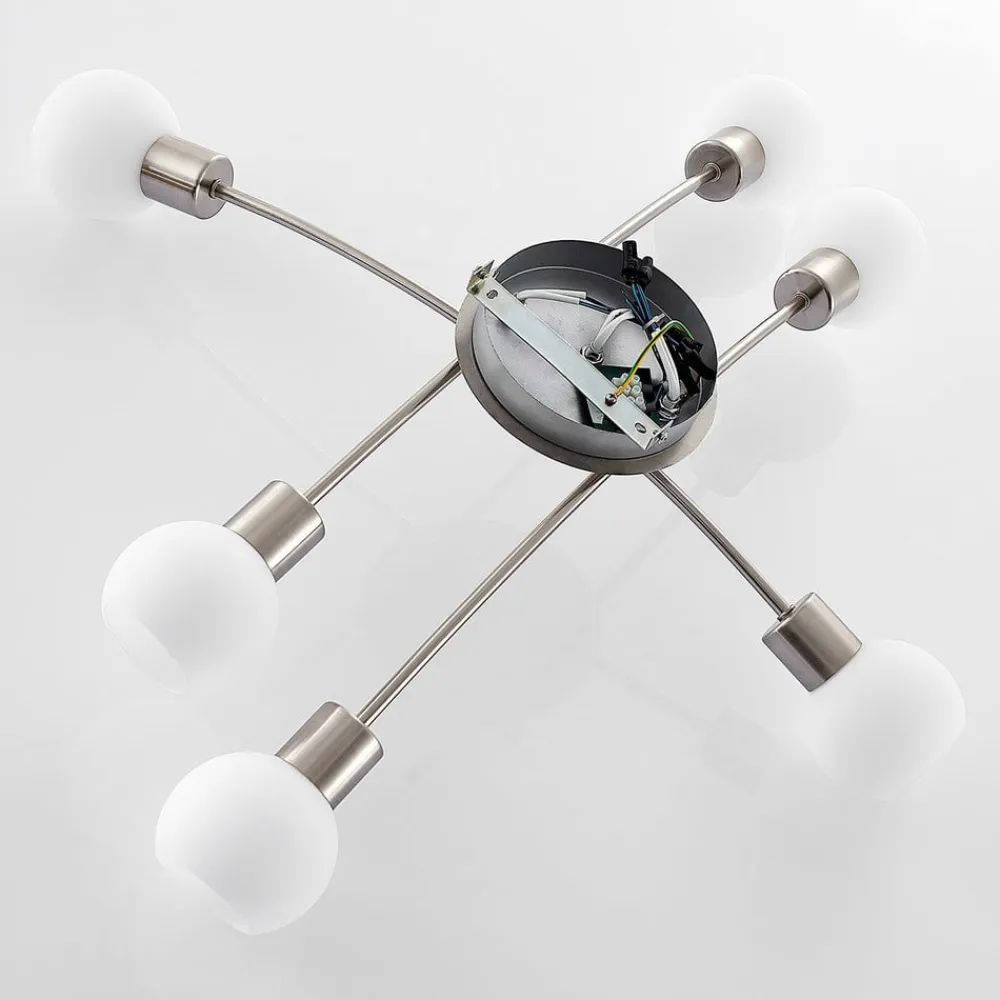 Lindby Agmar loftlampe, nikkelfarvet, glas, 6 lyskilder, E14