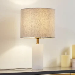 bordlampe Alabaster, hvid/beige, Ø 25 cm, marmor, E27^Lindby Online