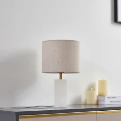 bordlampe Alabaster, hvid/beige, Ø 25 cm, marmor, E27^Lindby Online