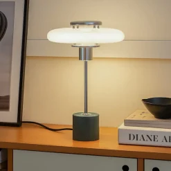 Lindby bordlampe Branford, retro, hvid/grøn opalglas/marmor