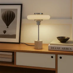 bordlampe Branford, retro, beige, metal/travertin^Lindby Discount