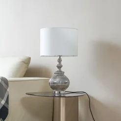 bordlampe Loraine, hvid/grå, glas, Ø 33 cm, E27^Lindby Clearance