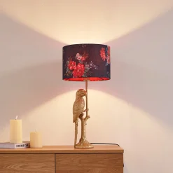 Lindby bordlampe Marula, guld, blomsterprint, tekstil, E27