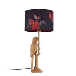 Lindby bordlampe Marula, guld, blomsterprint, tekstil, E27