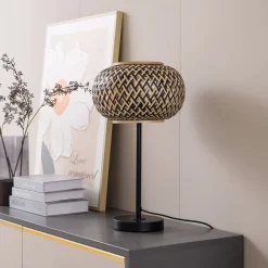 Lindby bordlampe Nerys, sort, bambus, Ø 28 cm