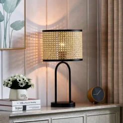 Lindby bordlampe Yaelle, 50 cm høj, rattan, sort, E27