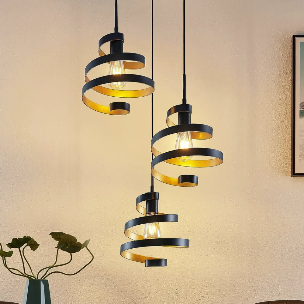 Lindby Pendellamper|Pendellamper>Colten hængelampe, Ø 50 cm, 3 lyskilder, sort, guld