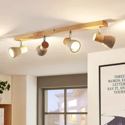 Lindby Filiz spotlight, 4 lyskilder, 77 cm, træ, beton, E14