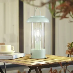 Lindby genopladelig bordlampe Yvette, grøn, IP44, touchdæmper