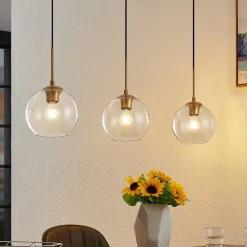 Grady hængelampe, messing/klar, 110 cm, metal, glas^Lindby Outlet