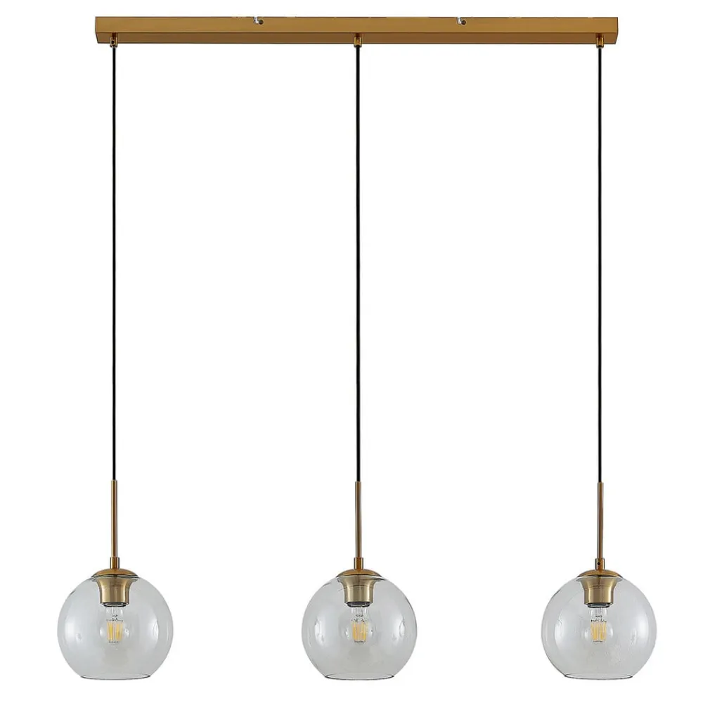 Grady hængelampe, messing/klar, 110 cm, metal, glas^Lindby Outlet