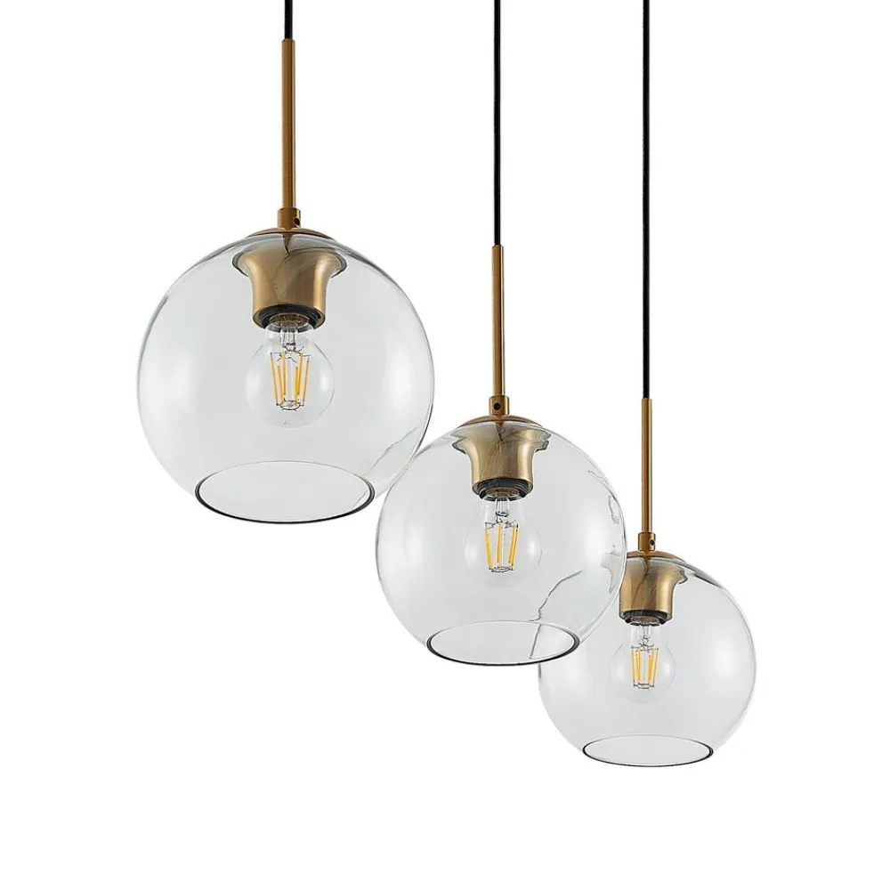 Grady hængelampe, messing/klar, 110 cm, metal, glas^Lindby Outlet